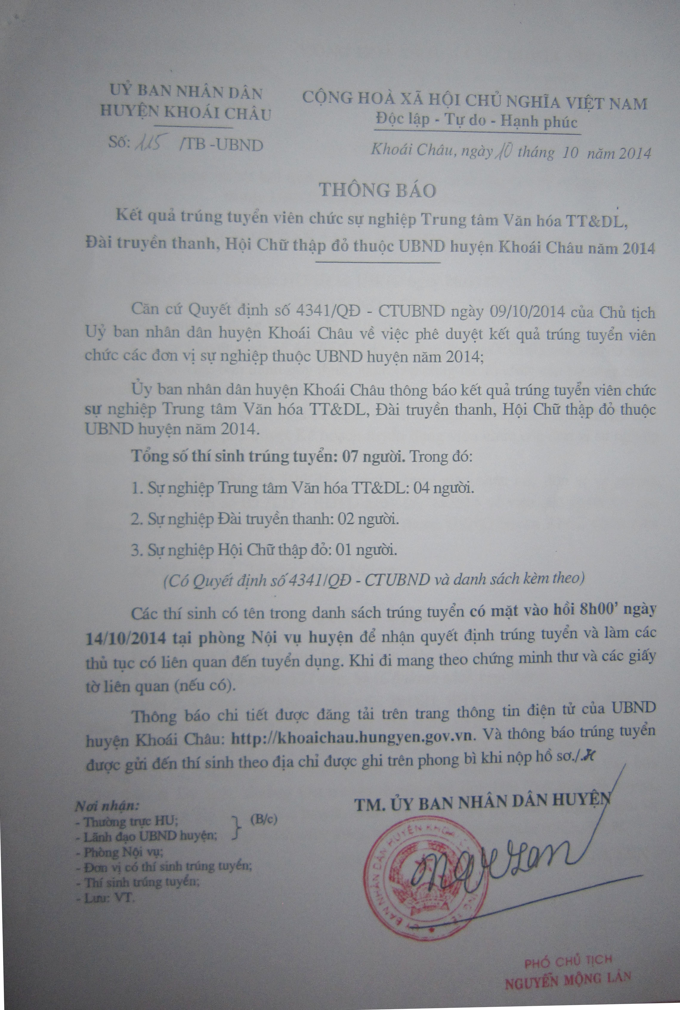   Thông báo kết quả trúng tuyển viên chức các đơn vị sự nghiệp thuộc UBND huyện Khoái Châu năm 2014