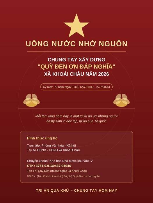 UỐNG NƯỚC NHỚ NGUỒN CHUNG TAY XÂY DỰNG "QUỸ ĐỀN ƠN ĐÁP NGHĨA" XÃ KHOÁI CHÂU NĂM 2026