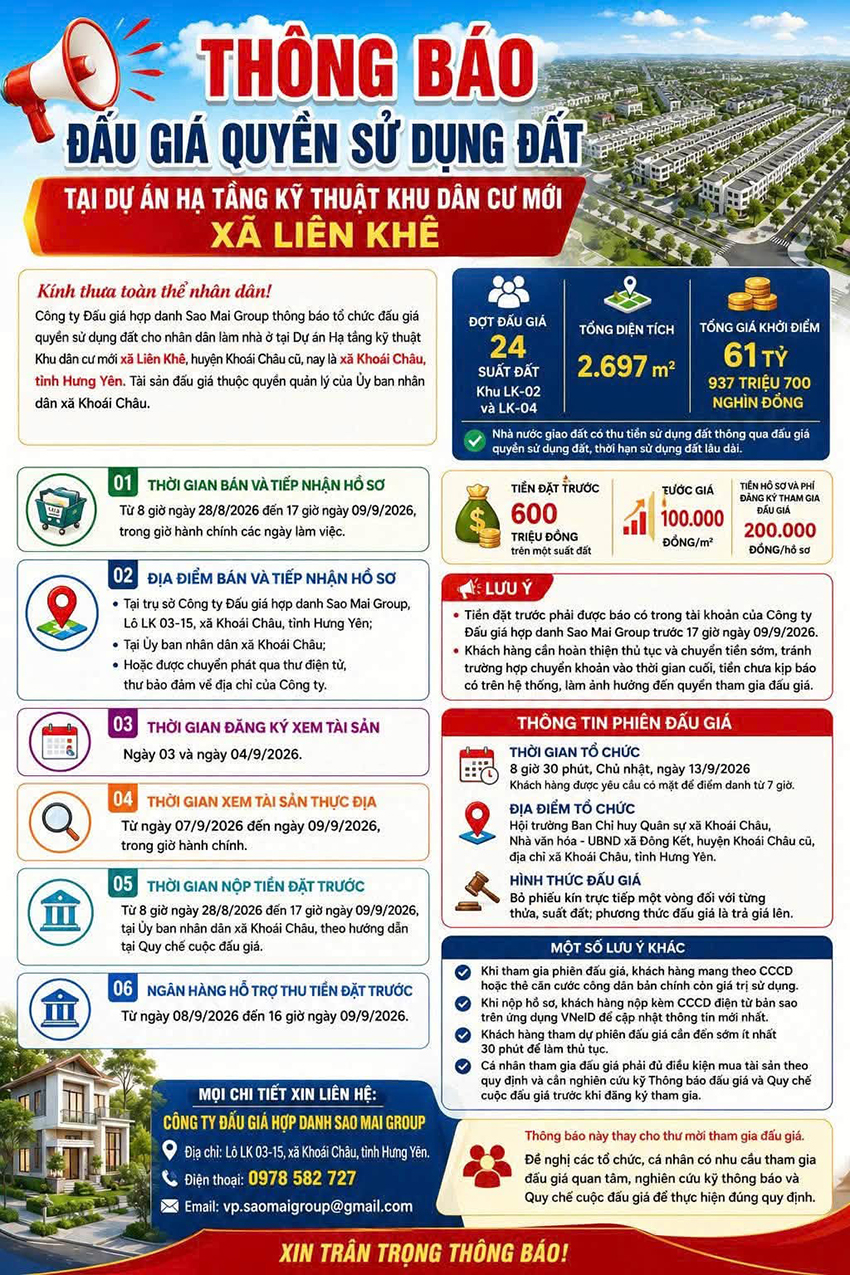 THÔNG BÁO ĐẤU GIÁ QUYỀN SỬ DỤNG ĐẤT TẠI DỰ ÁN HẠ TẦNG KỸ THUẬT KHU DÂN CƯ MỚI XÃ LIÊN KHÊ VÀ THÔNG BÁO VỀ VIỆC ĐẤU GIÁ QUYỀN SỬ DỤNG ĐẤT TẠI XÃ ĐÔNG KẾT, HUYỆN KHOÁI CHÂU CŨ, NAY LÀ XÃ KHOÁI CHÂU